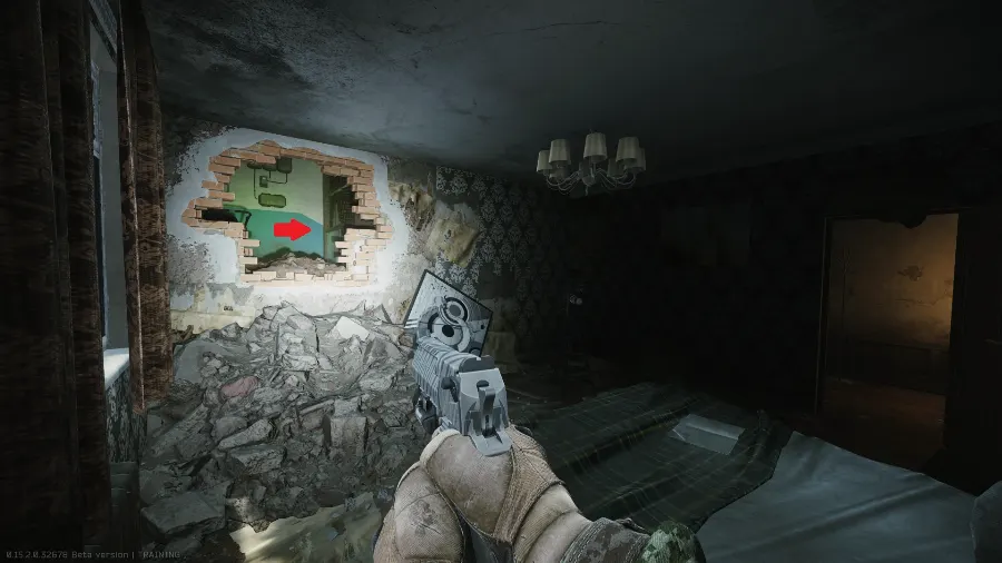 In the bedroom, go through the hole in the wall