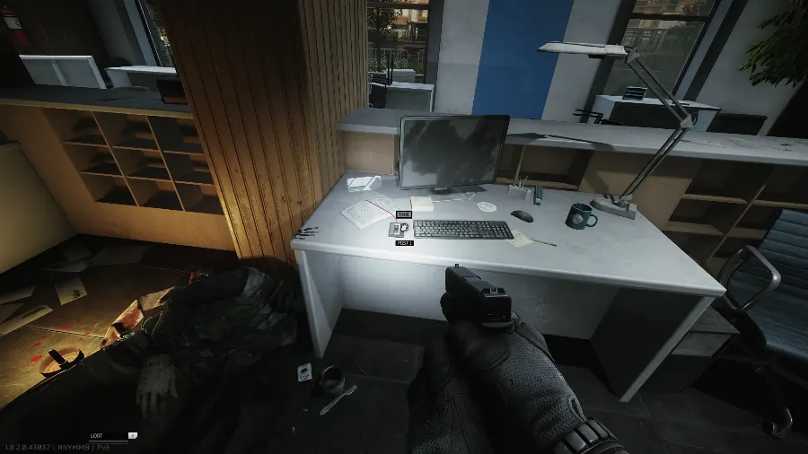 Tape #1 on the desk with the screen behind the counter