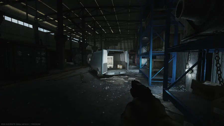 The van inside the depot building